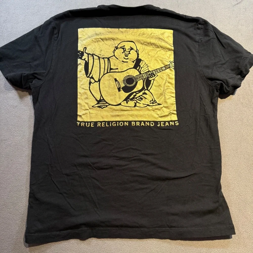 True Religion Mens Black Gold Buddha Guitar Graphic T-Shirt XL Short Sleeve